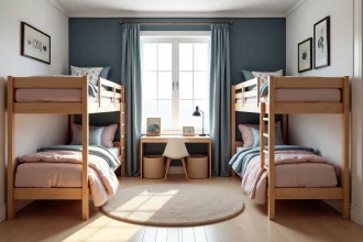 Chambre partagée frère et sœur avec palette harmonieuse bleu marine et rose blush, lits superposés en bois et déco coordonnée