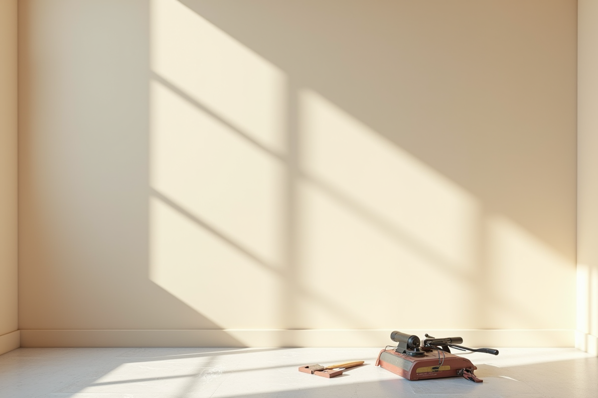 Salle lumineuse avec mur poncé et outils de ponçage propres