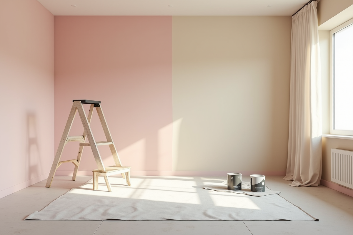 Chambre en rénovation avec peinture pastel et mobilier minimaliste