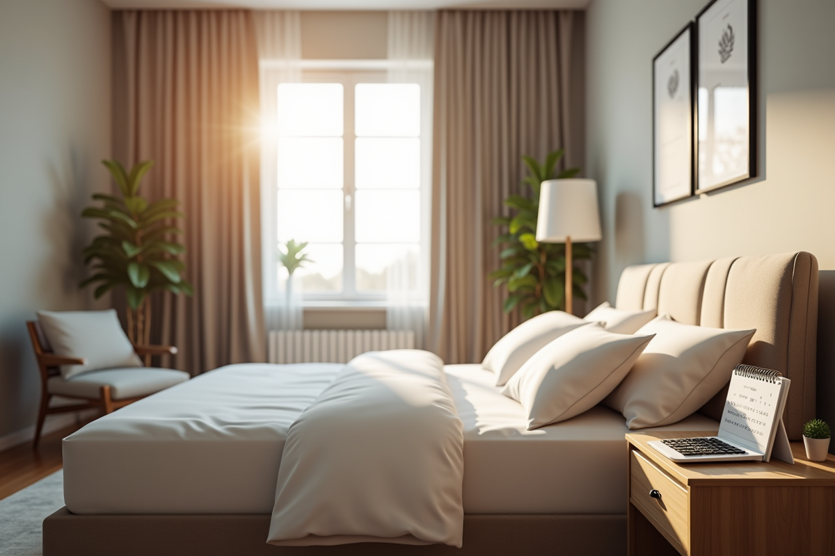 Chambre lumineuse avec lit fait et calculatrice sur la table de nuit
