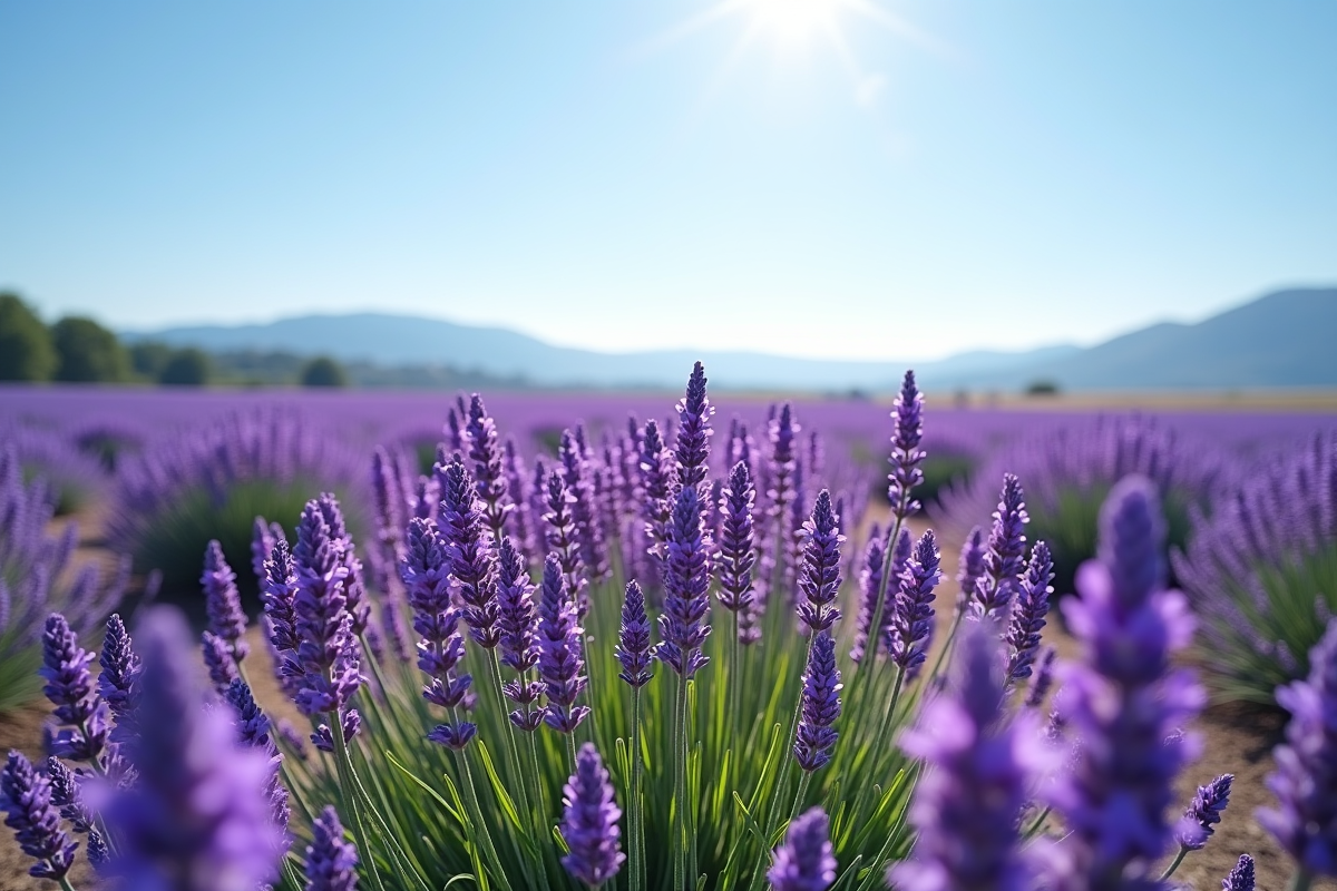 Champ de lavande en fleurs sous un ciel bleu lumineux
