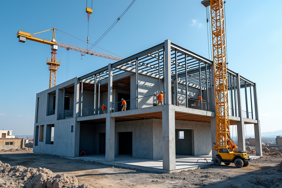 Chantier avec ouvriers installant une structure métallique moderne