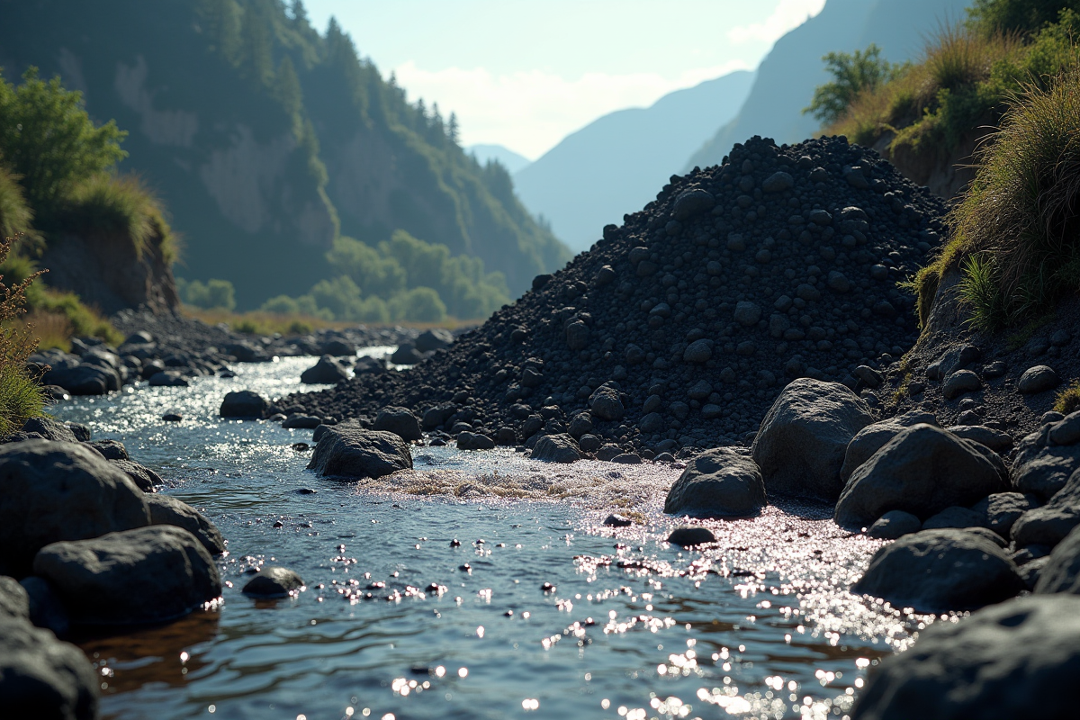 charbon noir déversé dans une rivière polluée