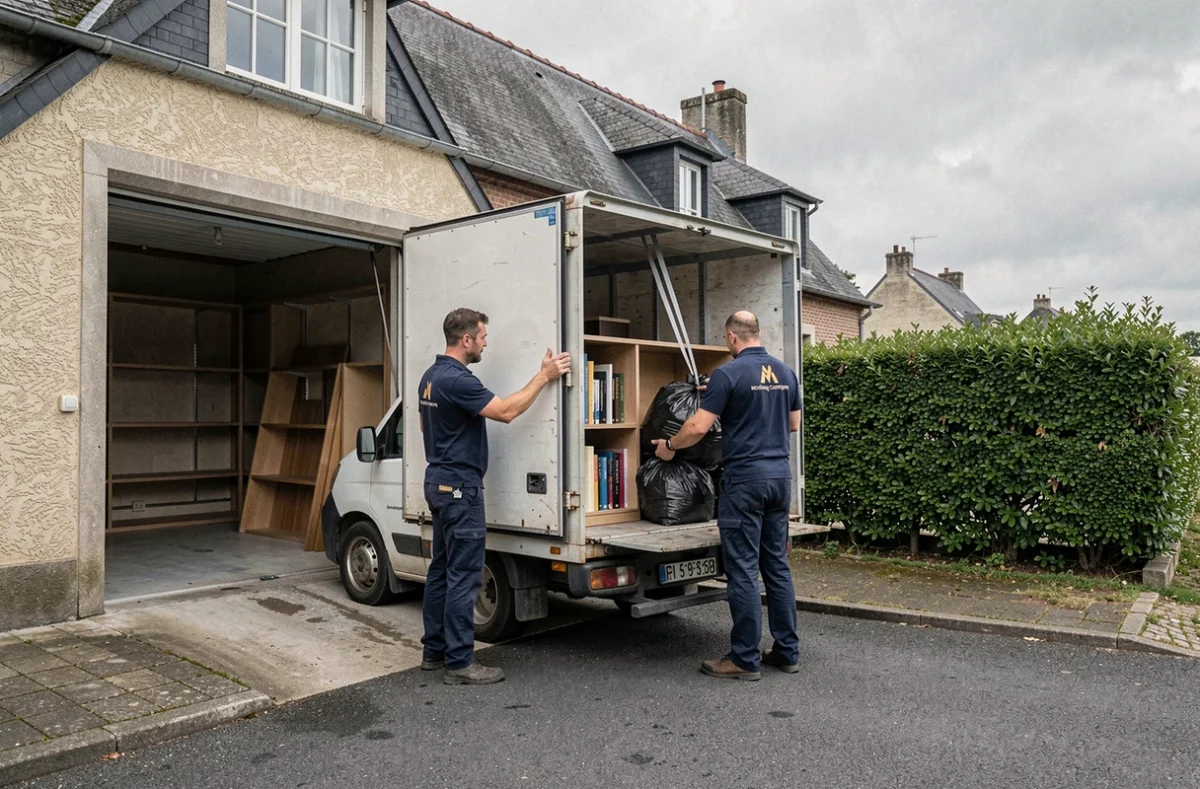 Déménageurs chargeant un camion lors du débarras final d'un garage en Bretagne