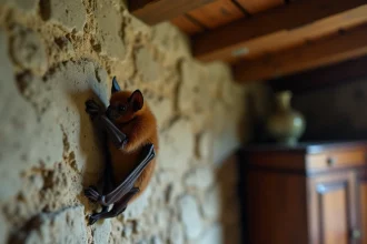 Chauve-souris accrochée au mur de pierre d'une vieille ferme européenne, symbolisant les croyances anciennes liées à sa présence dans une maison
