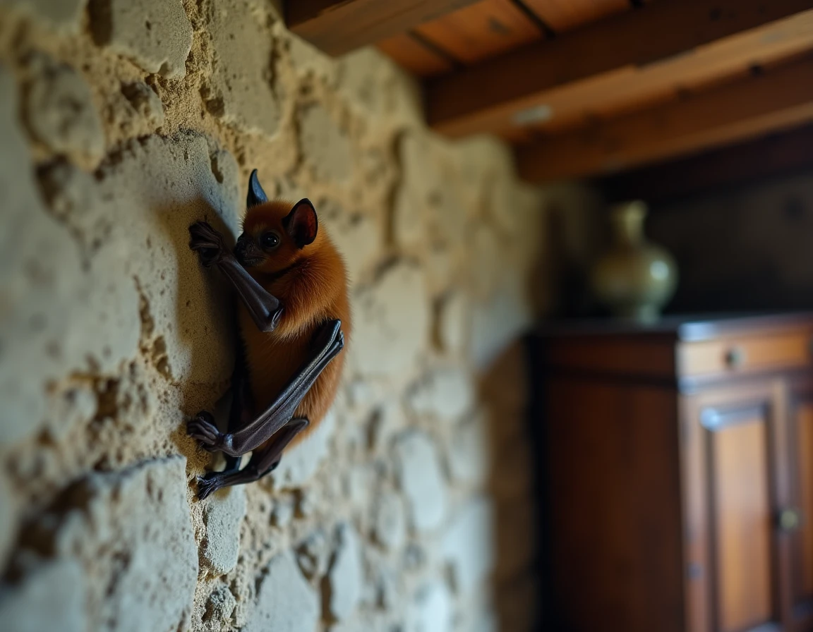 Chauve-souris accrochée au mur de pierre d'une vieille ferme européenne, symbolisant les croyances anciennes liées à sa présence dans une maison