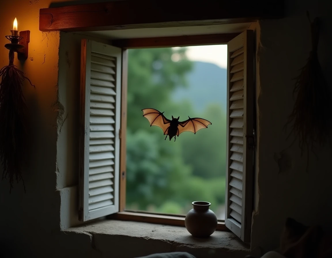Chauve-souris en vol près d'une fenêtre ouverte d'une chaumière rustique au crépuscule, évoquant les superstitions et croyances populaires anciennes