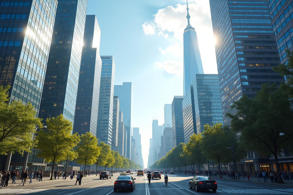 Paysage urbain moderne avec gratte-ciel et rues animées