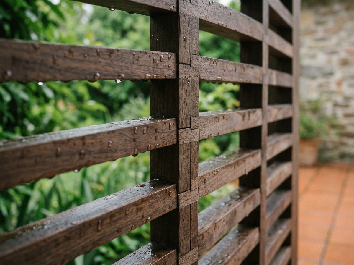 Détail de claustra en bois noyer sur une terrasse extérieure avec jardin visible en arrière-plan