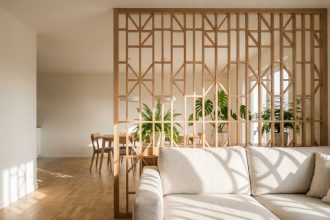 Claustra décoratif en bois chêne séparant un salon et une salle à manger dans un intérieur scandinave moderne