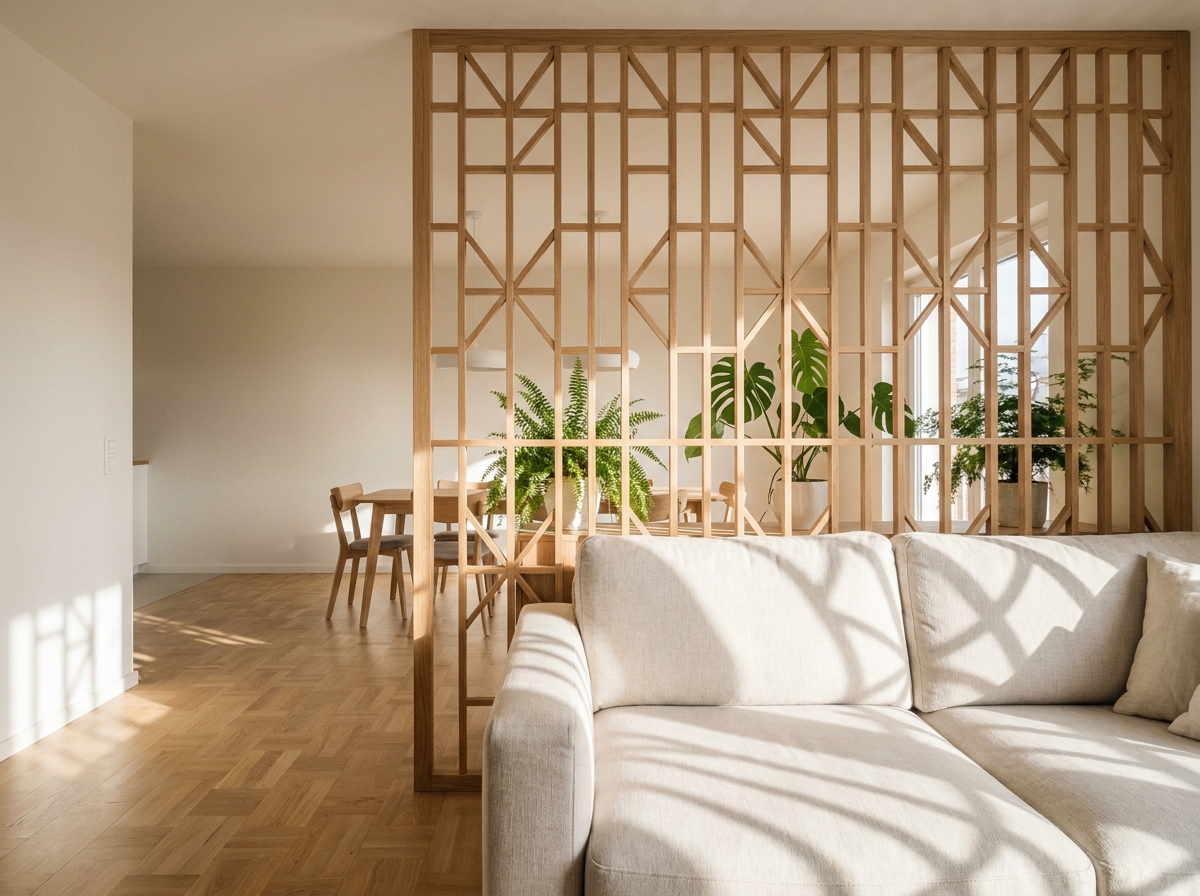 Claustra décoratif en bois chêne séparant un salon et une salle à manger dans un intérieur scandinave moderne