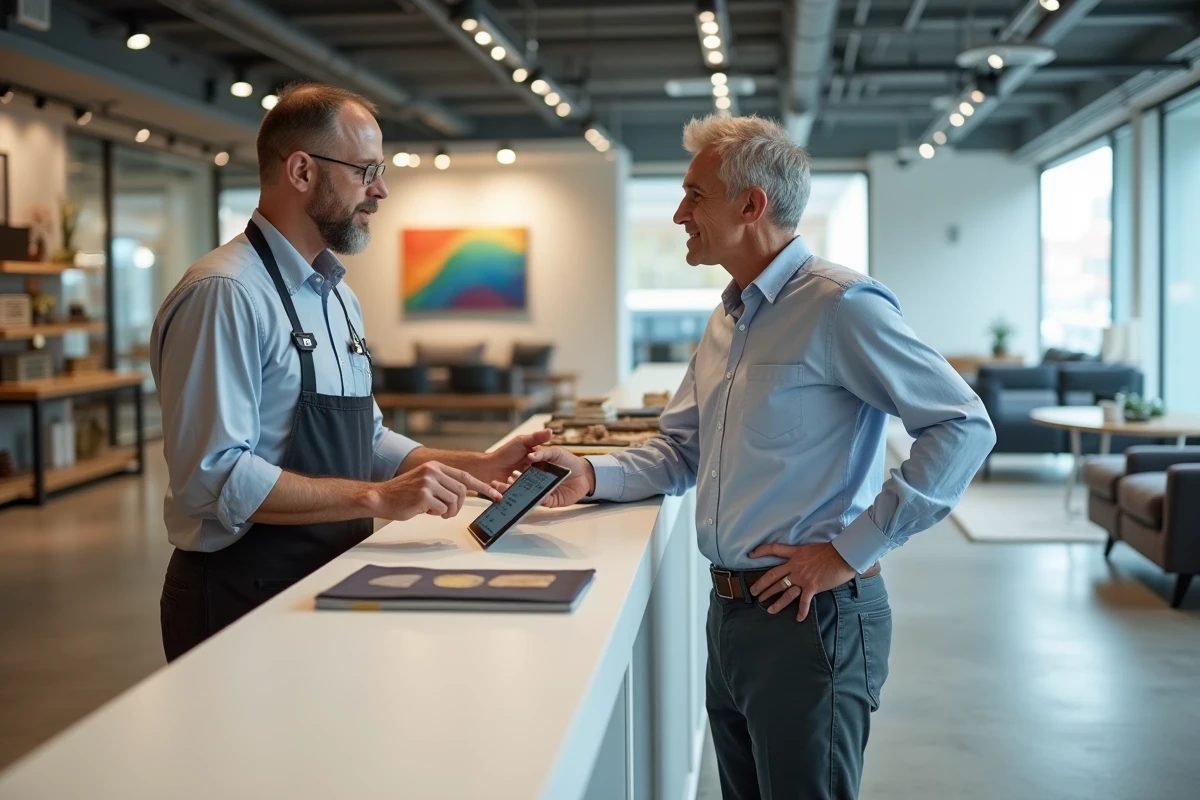 Client d'une cinquantaine d'années discutant avec un conseiller de vente dans un magasin de canapés, consultant les informations produit sur une tablette au comptoir d'accueil