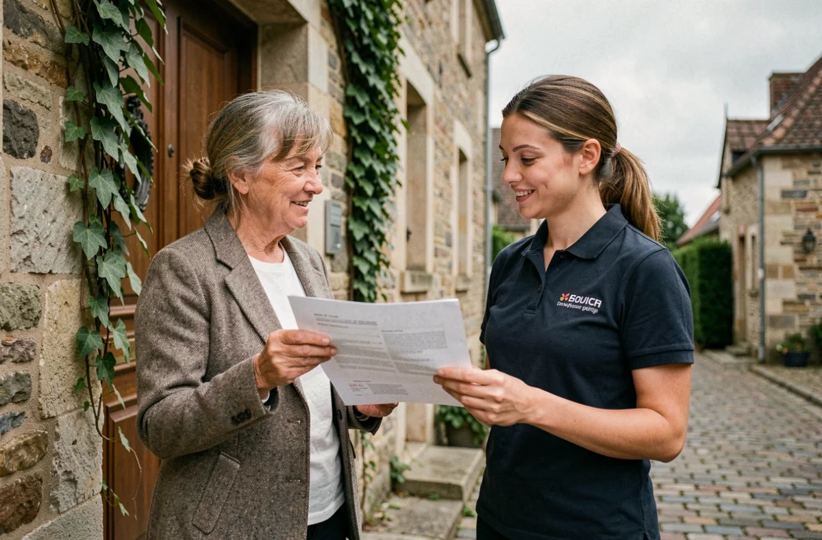 Rencontre entre une cliente et une aide ménagère devant une maison normande à Rouen