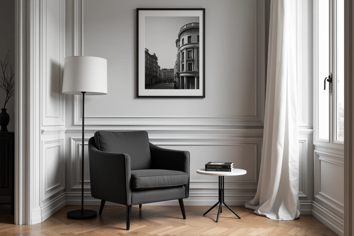 Coin lecture salon Haussmannien avec lampadaire noir, fauteuil gris ardoise et table ronde en marbre blanc dans un décor noir gris blanc