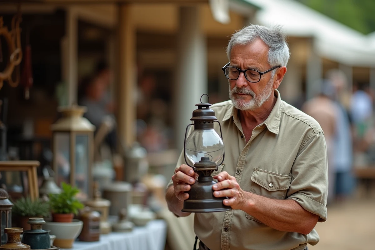 Collectionneur inspectant une lampe à pétrole restaurée sur un stand de brocante en plein air