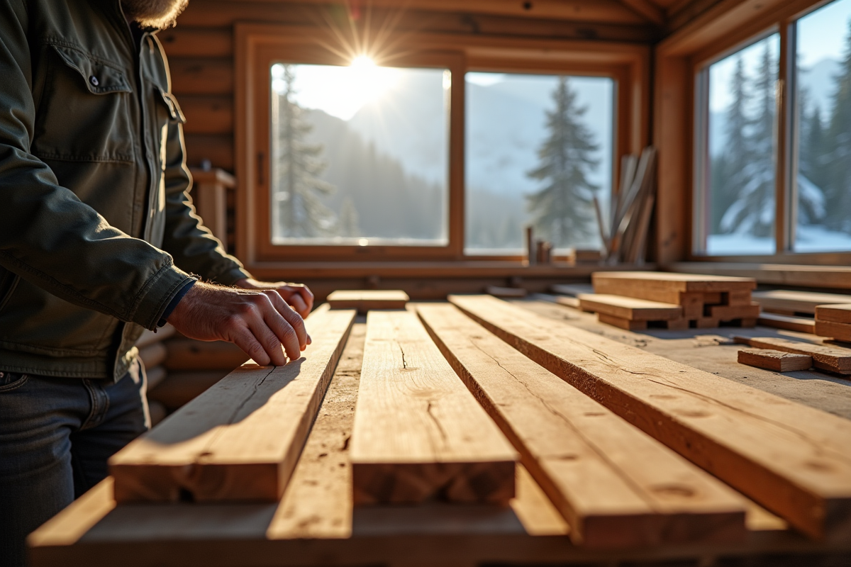 Mains d'architecte comparant différents bois poncés pour cabane