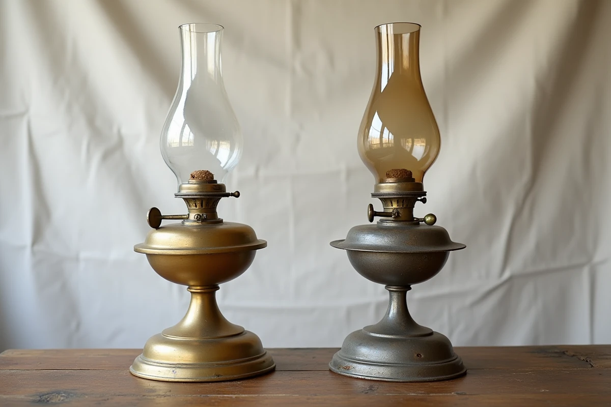 Comparaison côte à côte d'une lampe à pétrole restaurée et d'une lampe dans son jus sur une table en chêne