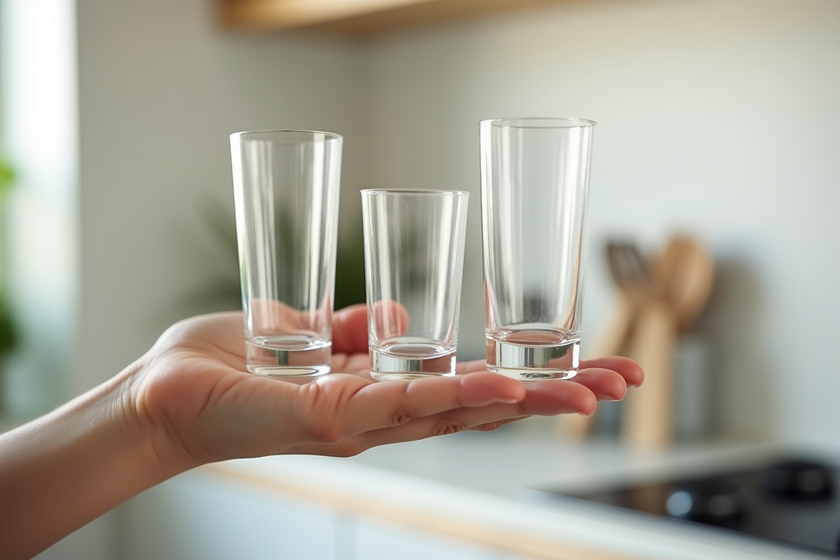 Main tenant trois verres de tailles différentes dans une cuisine lumineuse