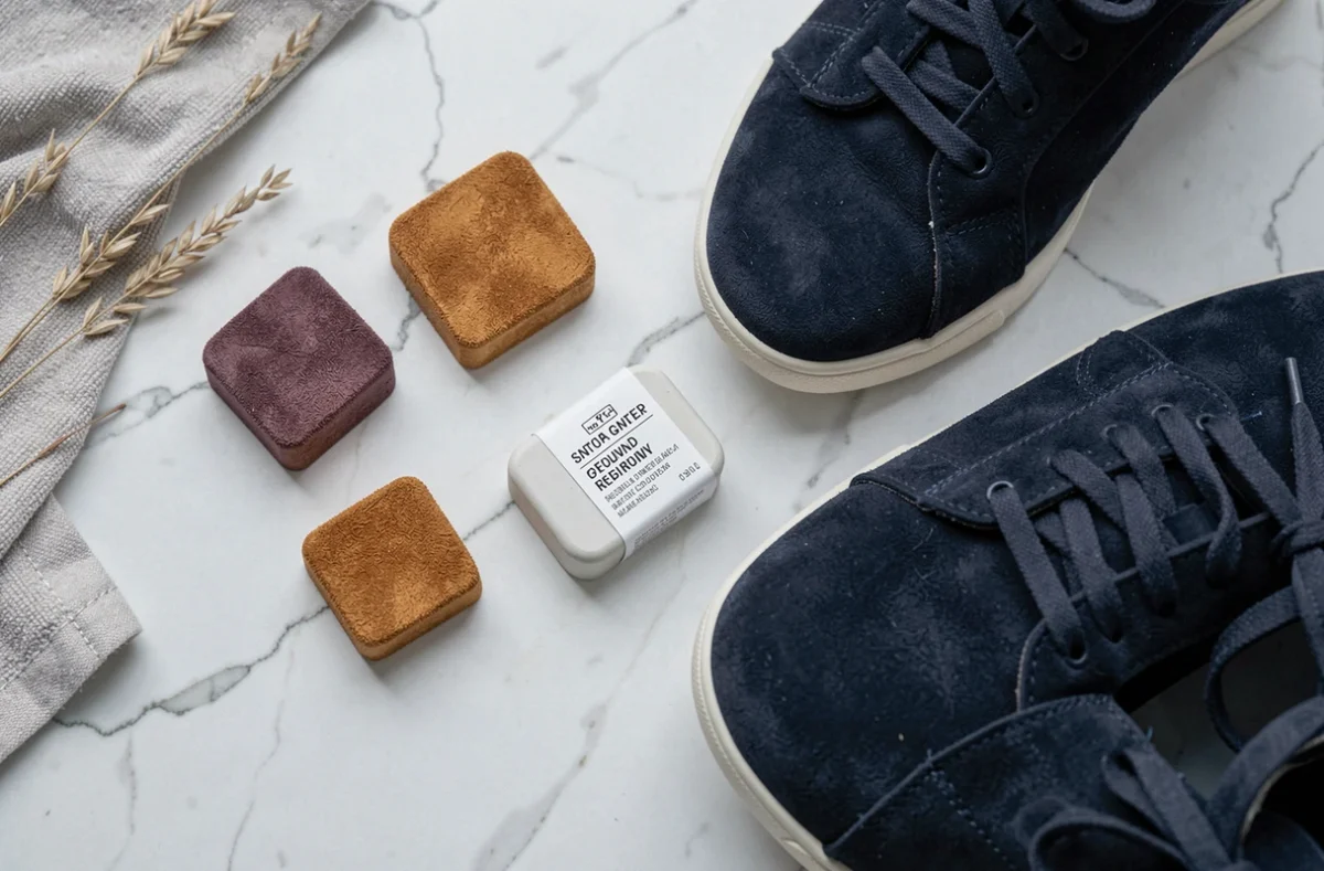 Comparatif de plusieurs gommes à nubuck posées à côté de baskets en daim sur une surface en marbre blanc