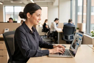 Une employée de bureau se connecte à l'espace salarié CSE sur son ordinateur portable dans un environnement de travail moderne