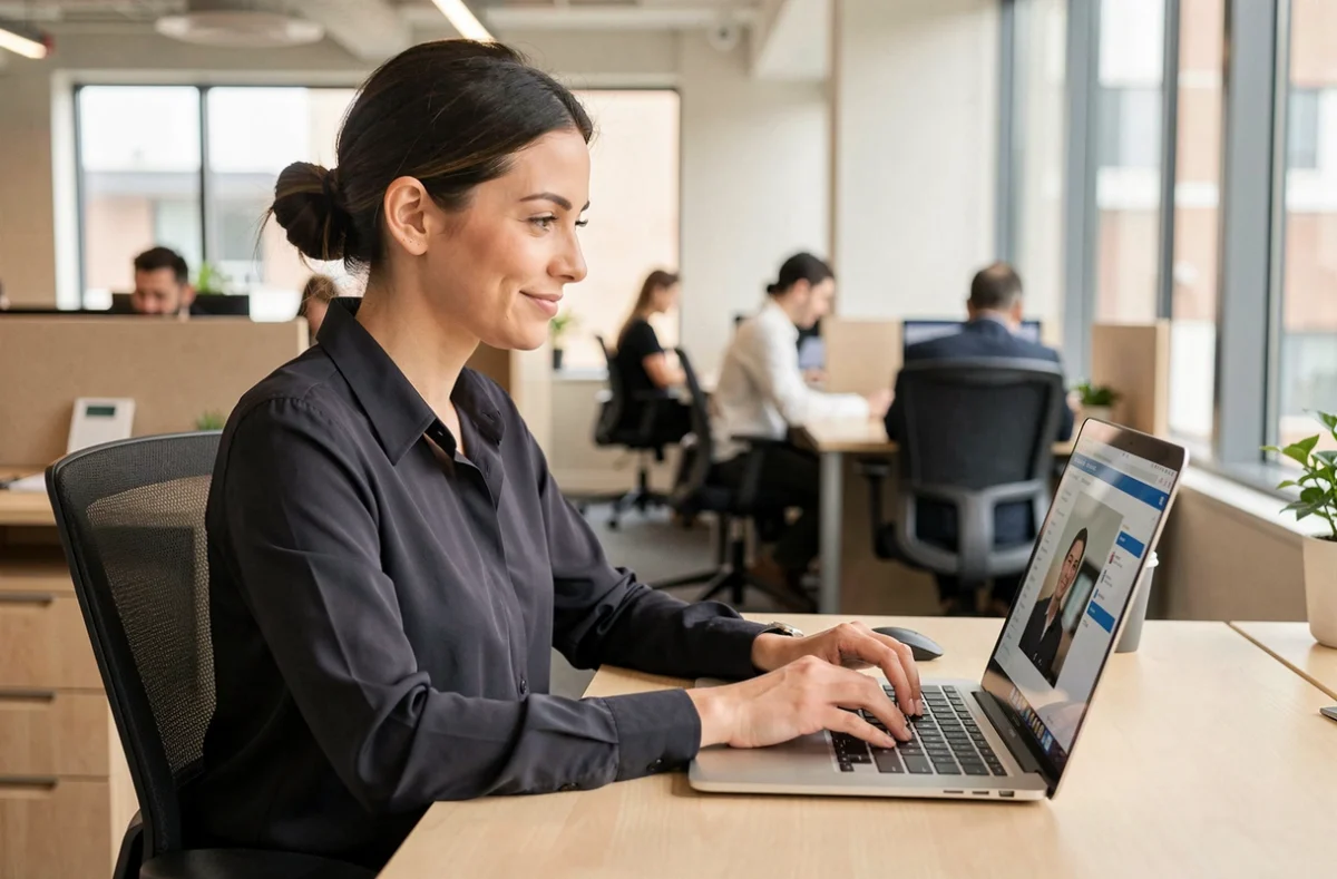 Une employée de bureau se connecte à l'espace salarié CSE sur son ordinateur portable dans un environnement de travail moderne