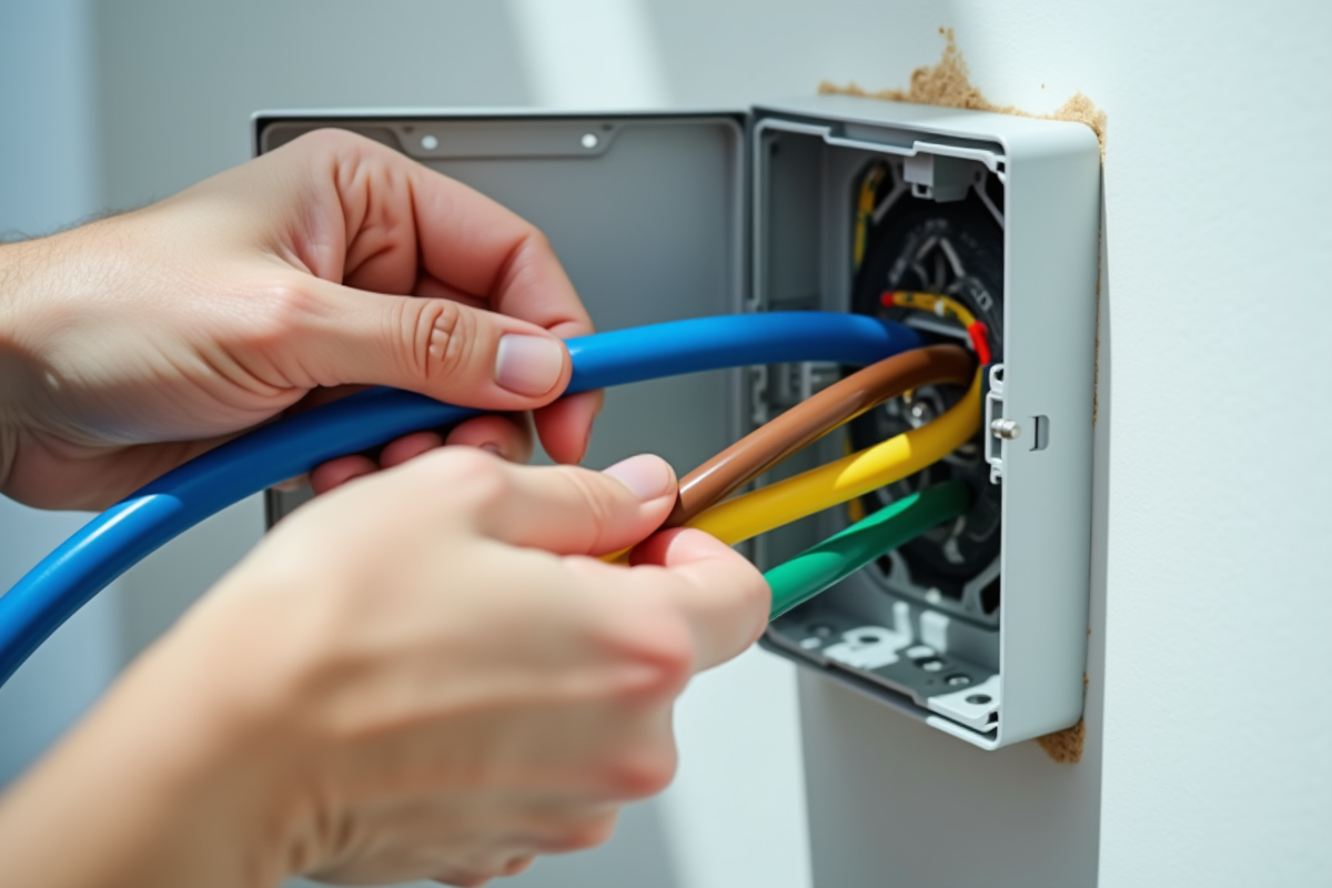 Main connectant des fils électriques dans une boîte moderne