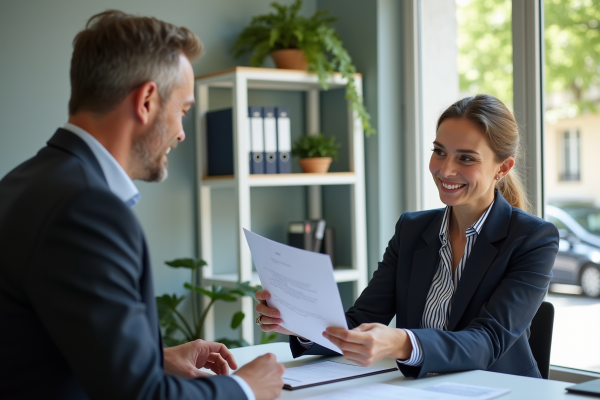 Conseillère professionnelle remettant brochure à client