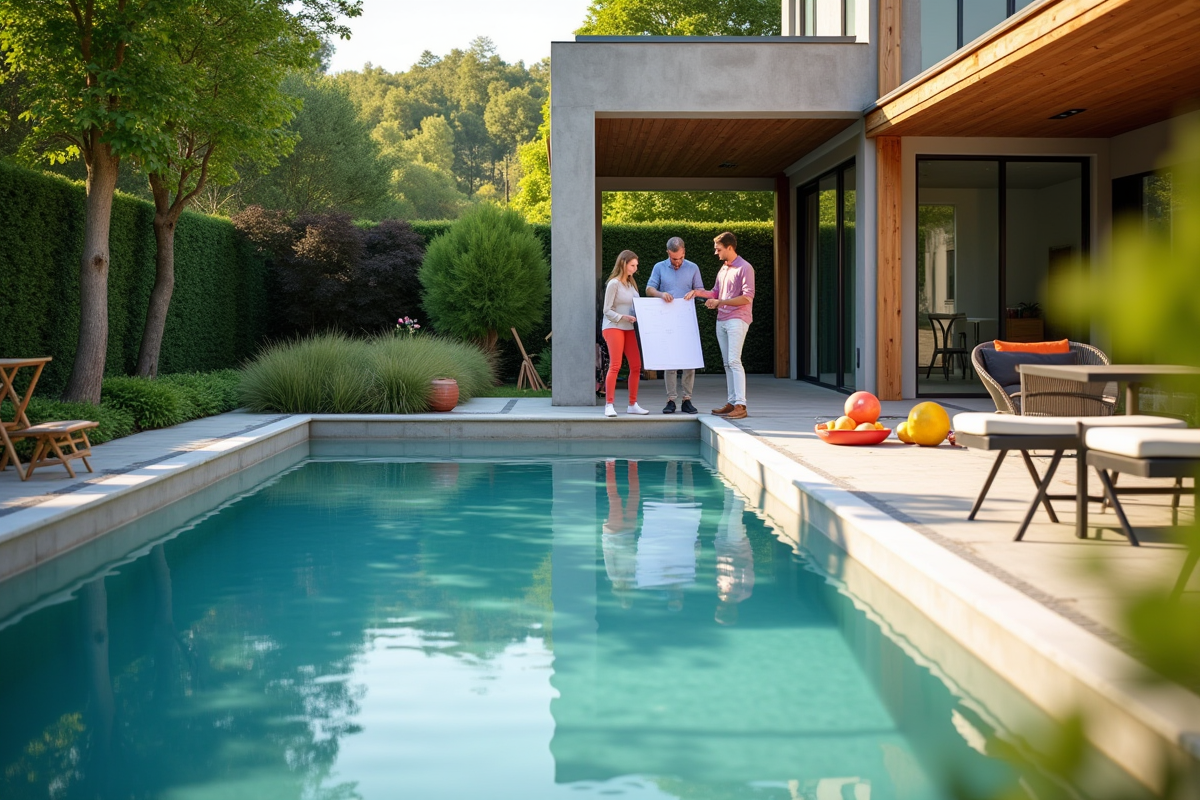 Famille planifiant la construction d'une piscine dans un jardin
