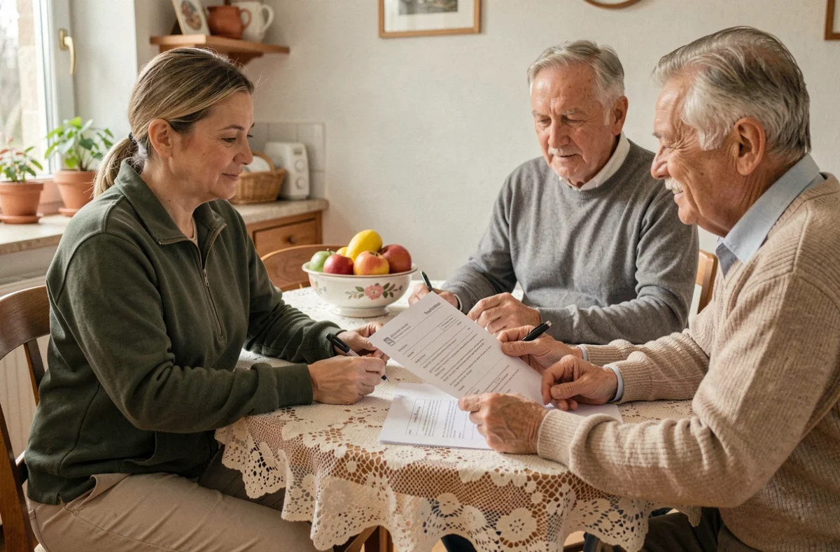 Rencontre entre une aide ménagère et un couple de retraités pour discuter d'un contrat de service à domicile à Pessac
