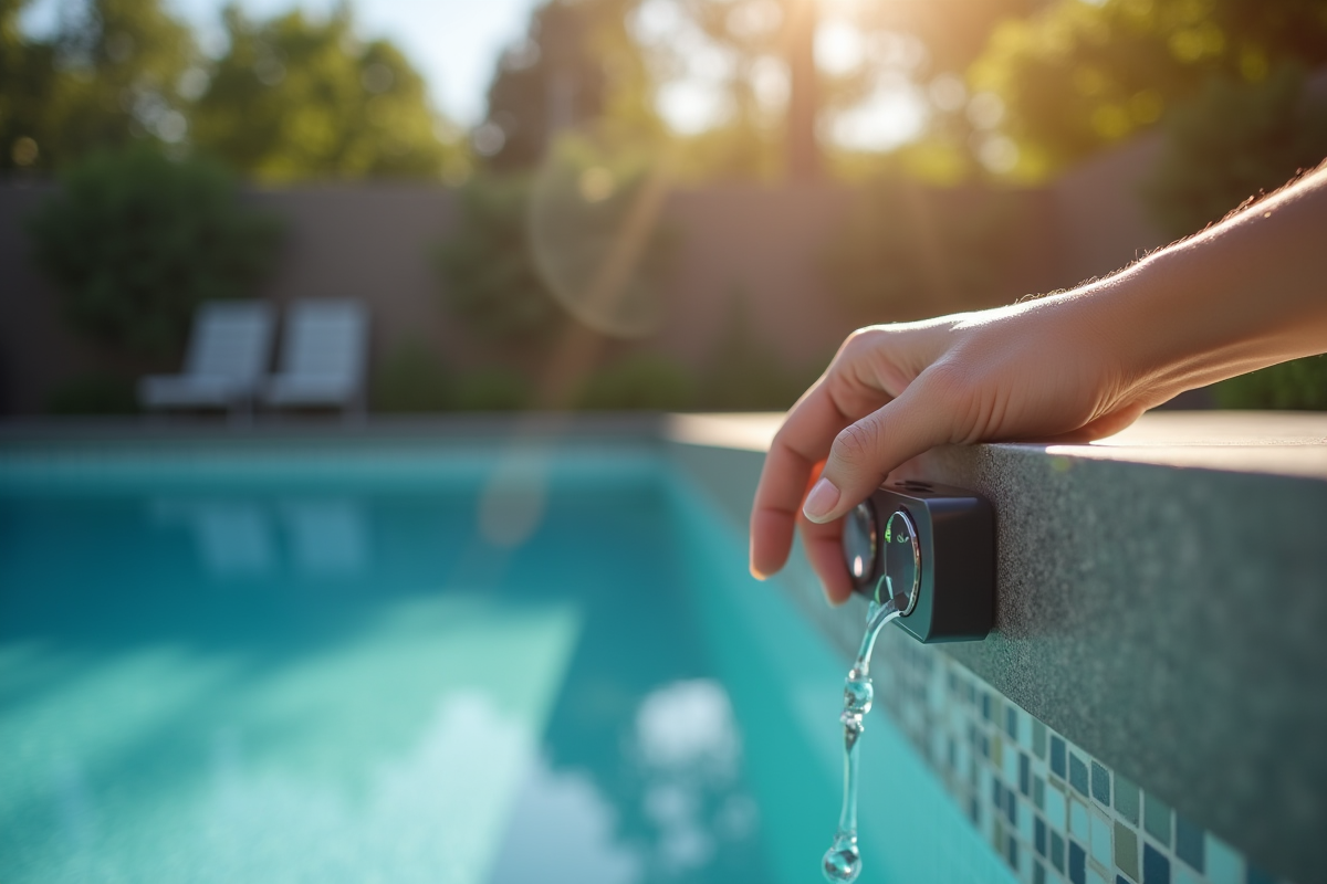 Main ajustant un controleur de chauffage de piscine en plein air