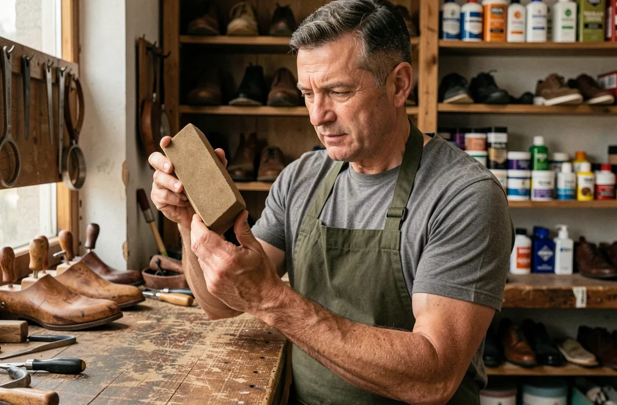 Cordonnier artisan examinant une gomme à nubuck dans son atelier traditionnel rempli d'outils de cordonnerie