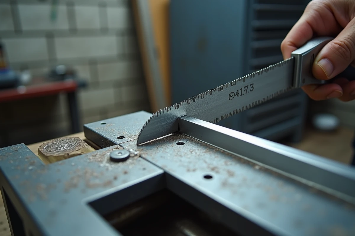 Gros plan d'une scie à métaux coupant une cornière en aluminium maintenue dans un étau