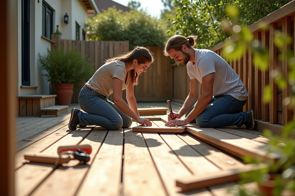 Couple installant une terrasse en bois dans un jardin ensoleille