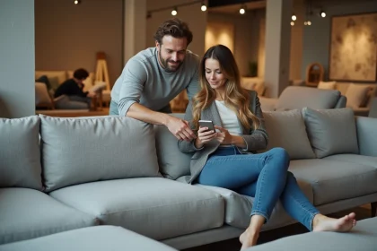 Couple examinant un canapé d'angle dans une salle d'exposition de mobilier, l'homme testant la qualité du tissu et la femme consultant les avis clients sur son téléphone