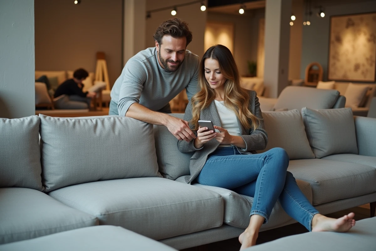 Couple examinant un canapé d'angle dans une salle d'exposition de mobilier, l'homme testant la qualité du tissu et la femme consultant les avis clients sur son téléphone