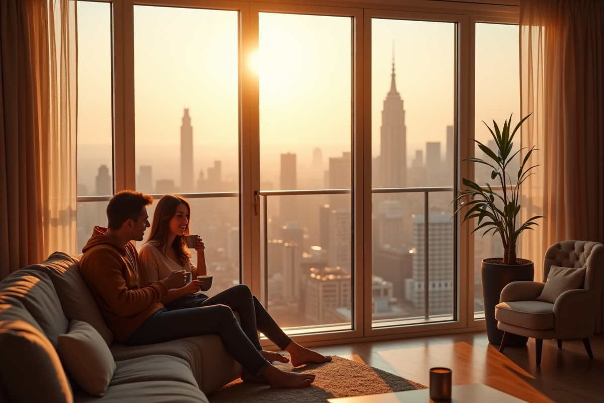 Couple profitant d'un café sur un balcon avec vue urbaine