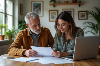 Couple français discutant documents à la maison