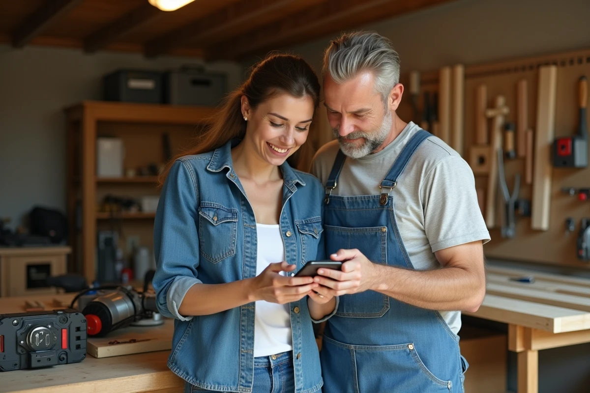 Couple consultant un guide DIY sur smartphone dans un atelier de garage pour planifier des petits travaux