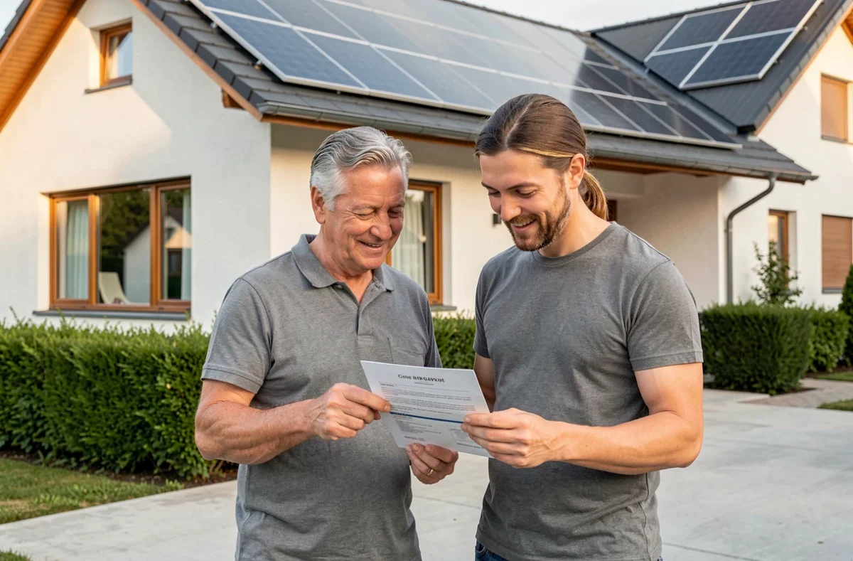 Couple devant leur maison avec panneaux solaires en toiture consultant ensemble leur déclaration préalable de travaux