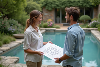 Jeune couple examine un plan de piscine naturelle dans le jardin