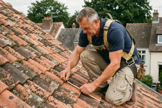 Couvreur professionnel mesurant une toiture en tuiles terres cuite pour estimer le prix au m2