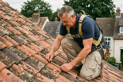Couvreur professionnel mesurant une toiture en tuiles terres cuite pour estimer le prix au m2