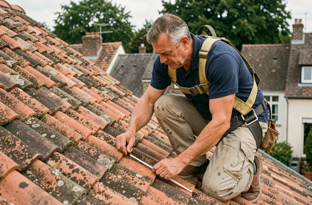 Couvreur professionnel mesurant une toiture en tuiles terres cuite pour estimer le prix au m2