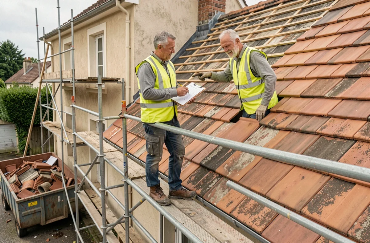 Deux couvreurs sur échafaudage comparant anciennes et nouvelles tuiles lors d'une rénovation de toiture