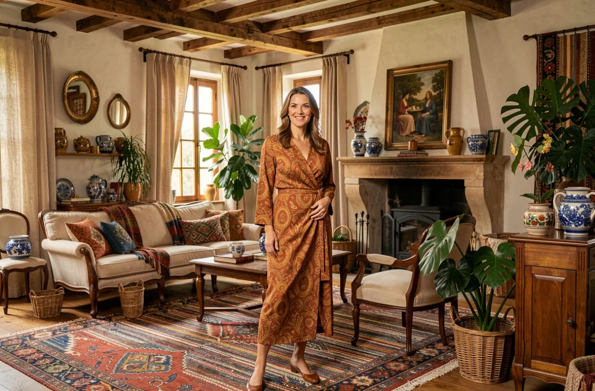 Décoratrice de Création d'Ambiance dans un salon chaleureux mêlant mobilier breton ancien, tapis berbère et plantes en paniers d'osier
