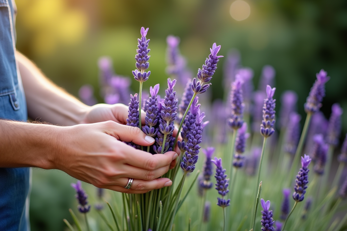 Mains cueillant des brins de lavande dans un jardin naturel
