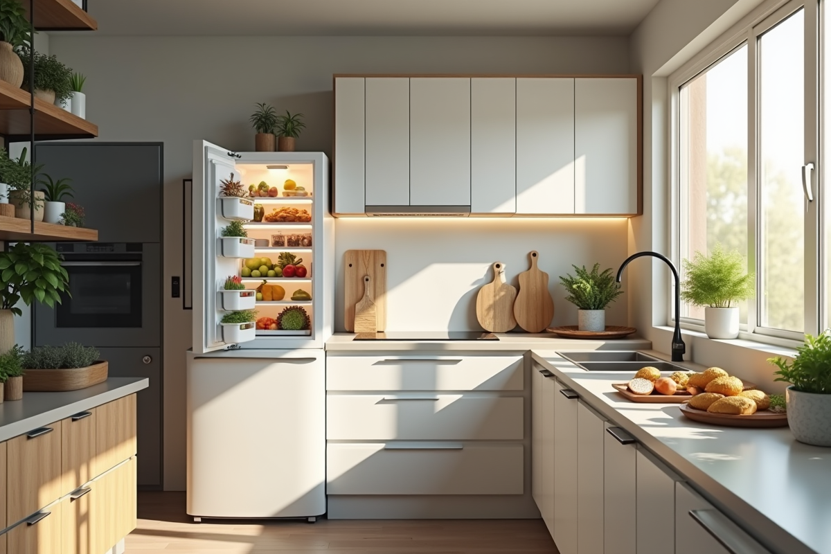 Cuisine moderne avec frigo ouvert et aliments frais lumineux