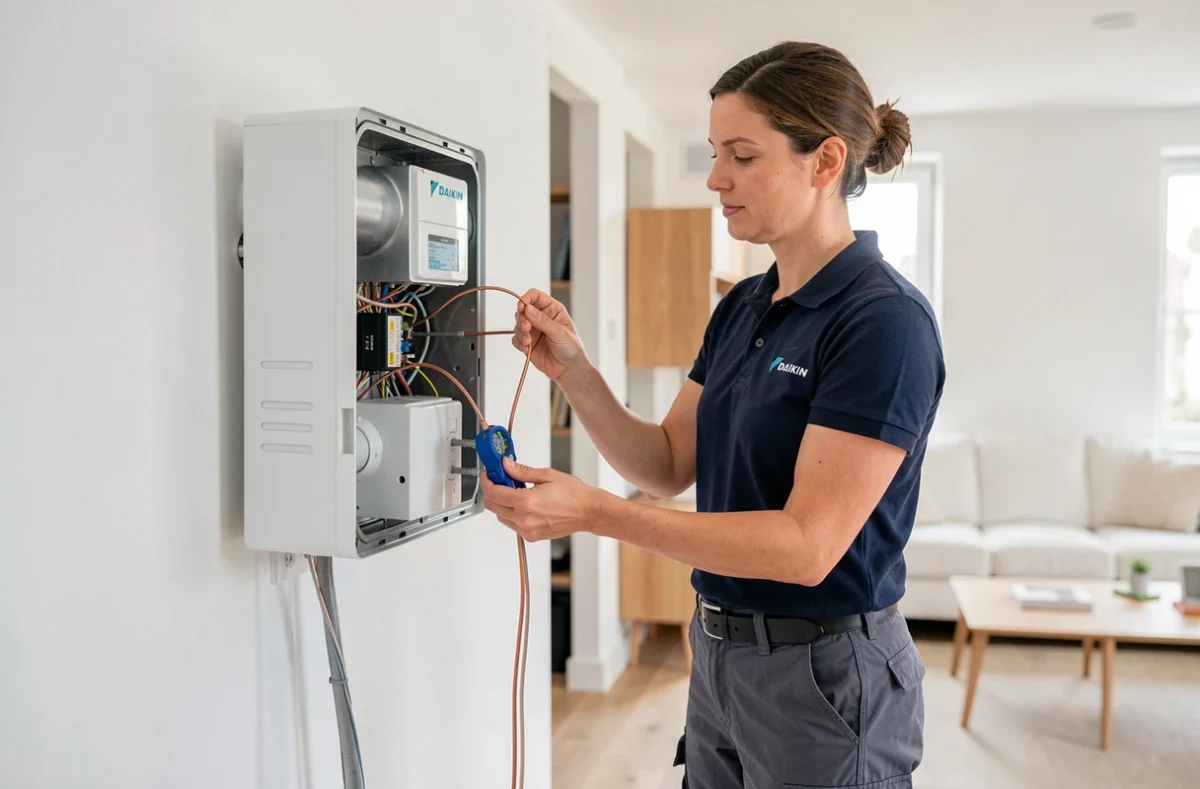 Technicienne Daikin Pro installant une pompe à chaleur dans un salon moderne en Indre-et-Loire