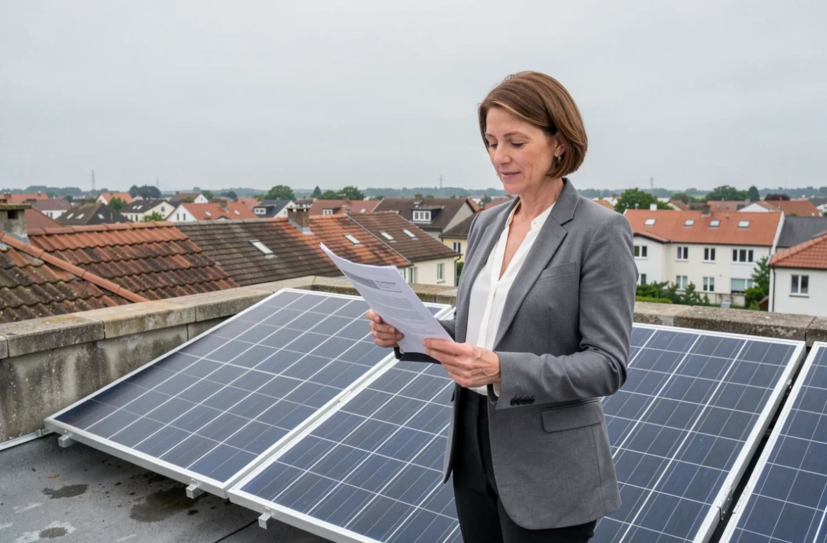 Femme consultant un dossier de déclaration préalable sur un toit résidentiel équipé de panneaux photovoltaïques
