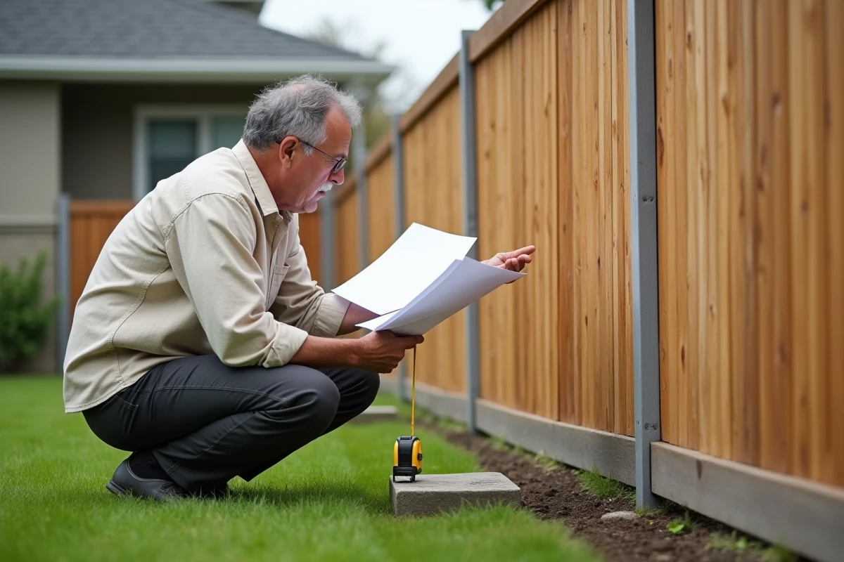 Propriétaire mesurant la hauteur d'une clôture en bois avec un mètre ruban et un plan de déclaration de travaux dans un jardin résidentiel